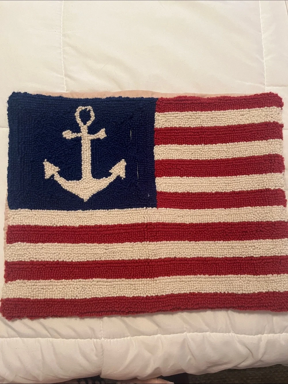 Nautical Anchor Hooked Pillow Sham  - Red, White & Navy Pillow Cover 18 x 14